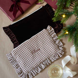 Brown velvet and brown gingham ruffled pouch with personalised text
