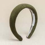 Olive green corduroy headband with a white soft cotton braid