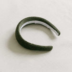 Olive green corduroy headband with a white soft cotton braid