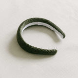 Olive green corduroy headband with a white soft cotton braid