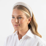 Beige linen women's headband with a soft white cotton braid