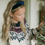 Navy blue velvet headband with white cotton braid