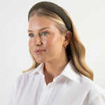 Olive green corduroy headband with a white soft cotton braid
