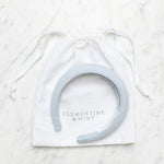 Light blue linen headband, hair accessory, Bridesmaid hair accessory . Clementine and mint linen drawstring bag.