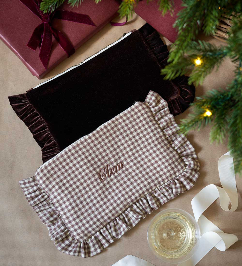 Brown velvet and brown gingham ruffled pouch with personalised text 