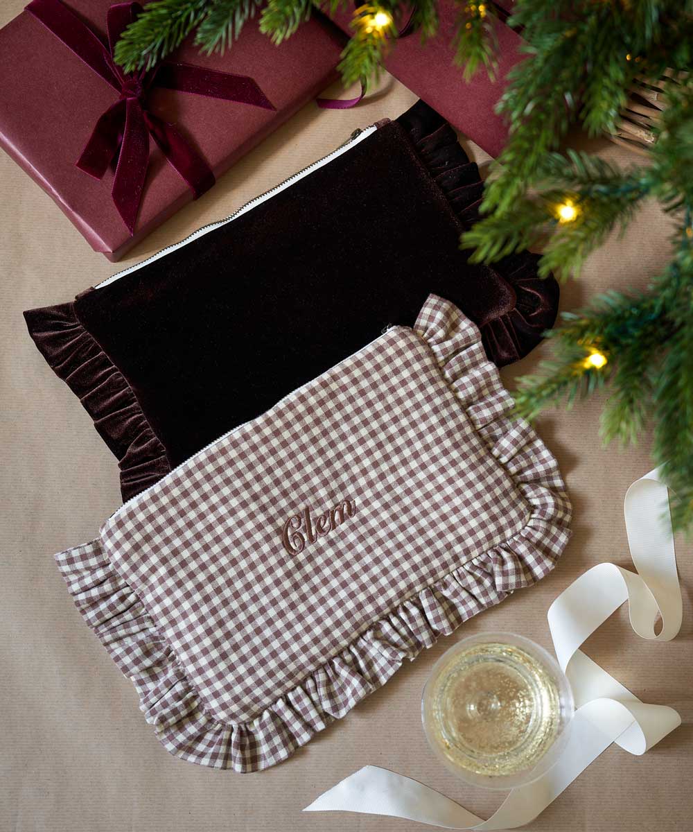 Brown velvet and brown gingham ruffled pouch with personalised text 