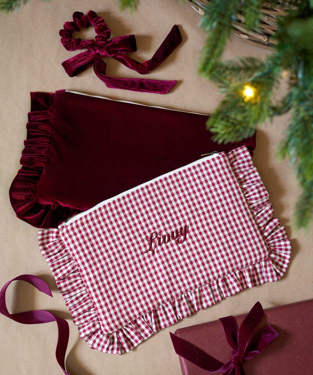 burgundy gingham ruffled wash bag pouch