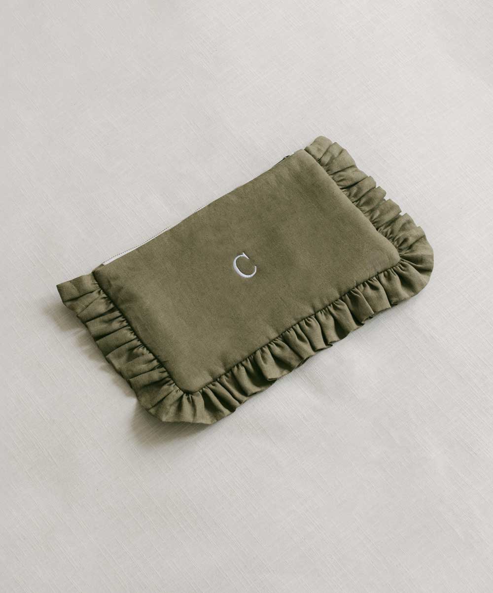 khaki ruffled linen pouch. linen pouch. make up bag. personalised clutch. 