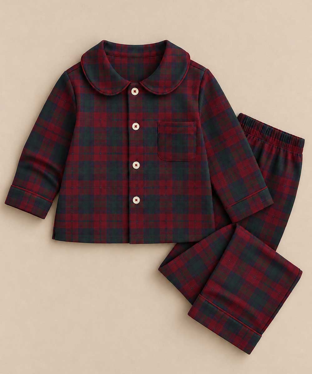 burgundy tartan children's winter pyjamas 
