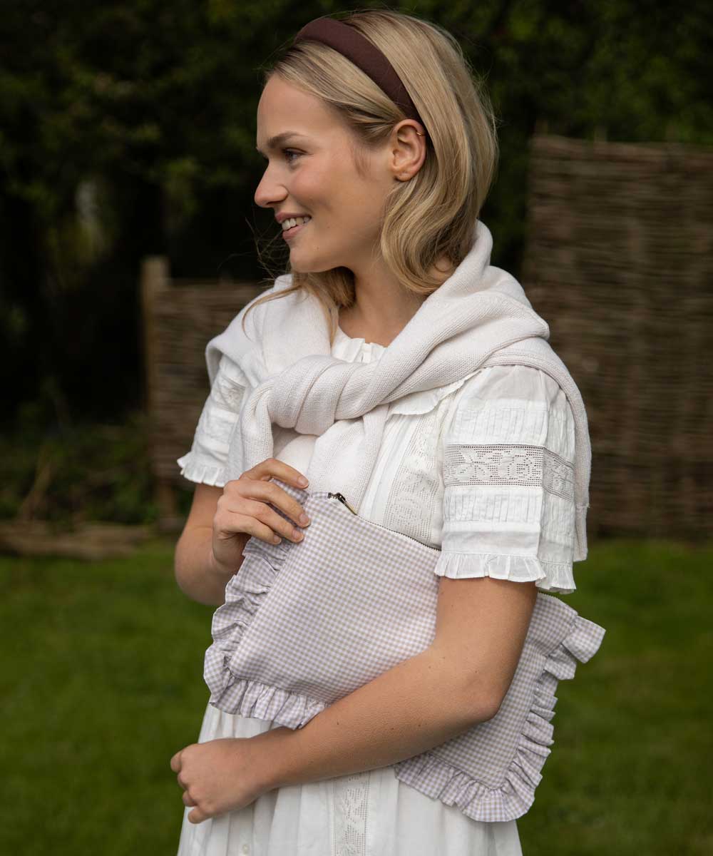The Beige Gingham Ruffled Pouch