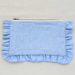Light blue pouch with ruffled edges on a gray background