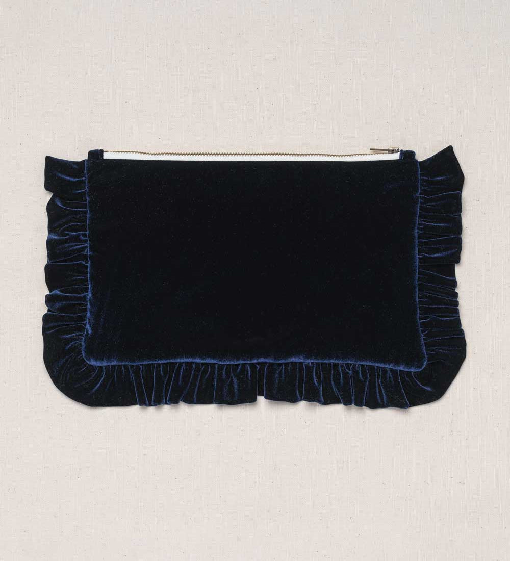 navy velvet ruffled pouch 