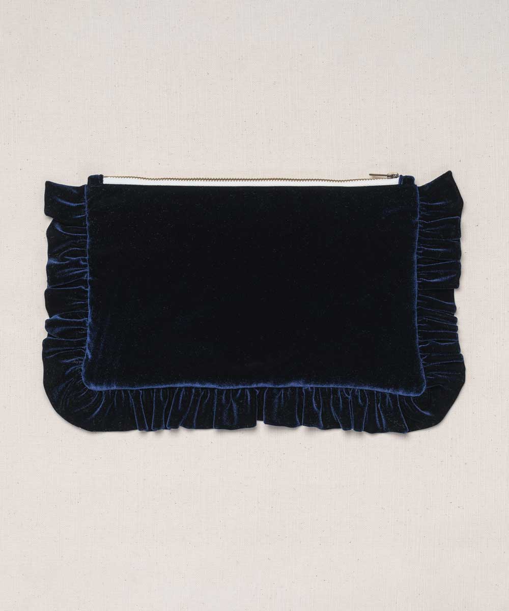navy velvet ruffled pouch 