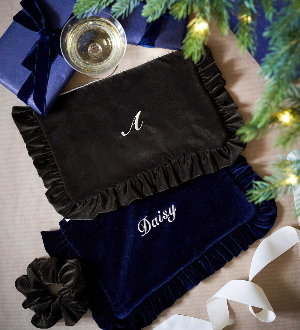 Olive green and navy velvet ruffled pouches 