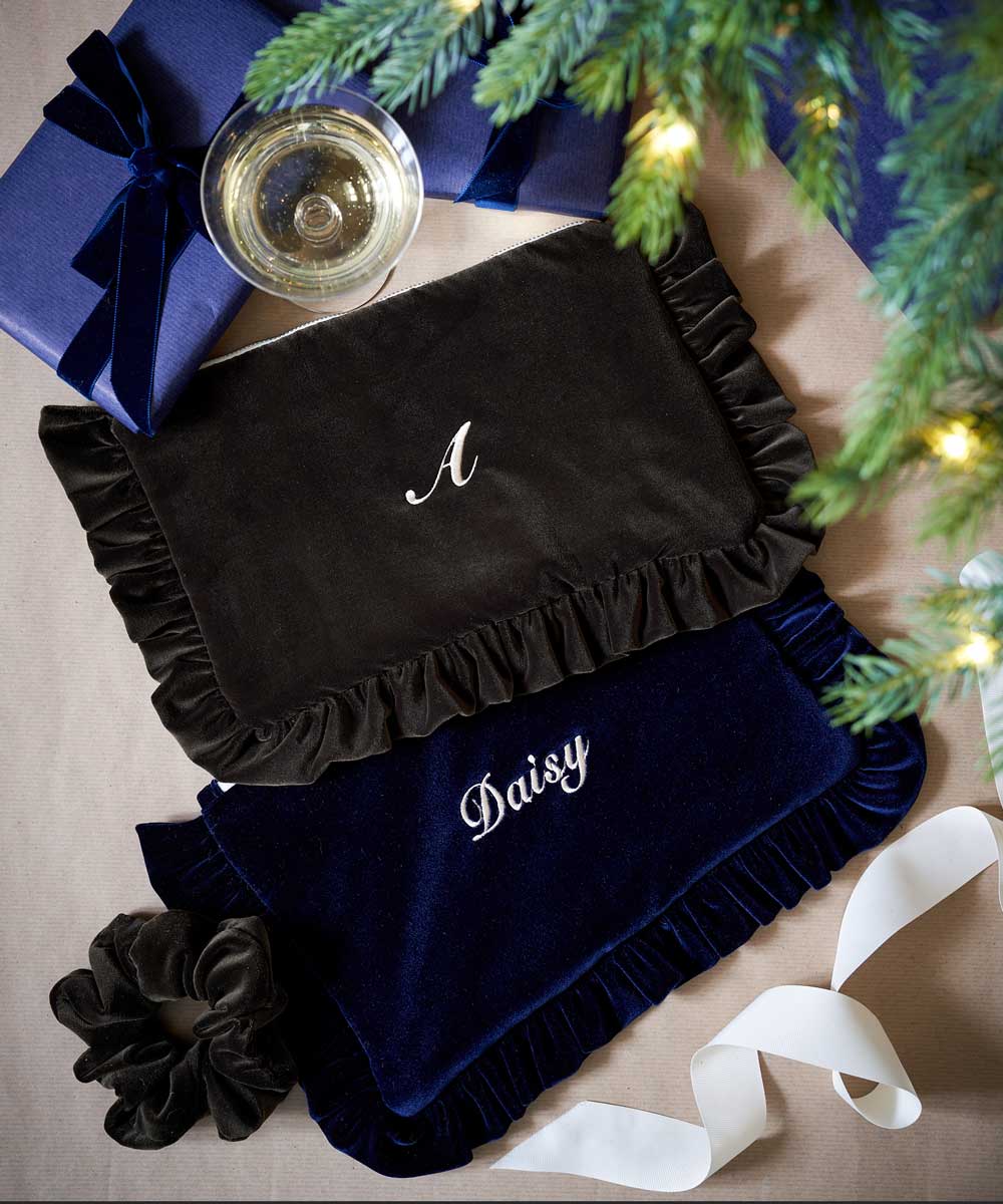 navy velvet and olive green velvet personalised pouch 