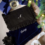 navy velvet and olive green velvet personalised pouch 