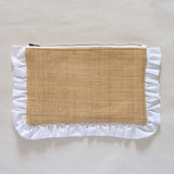 Pouch with ruffled white edge and woven brown center on a light beige background