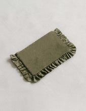 Load image into Gallery viewer, khaki ruffled linen pouch. linen pouch. make up bag. 
