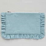 Sage Green and white gingham pouch with ruffled edges on a light gray background