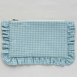 Sage Green and white gingham pouch with ruffled edges on a light gray background