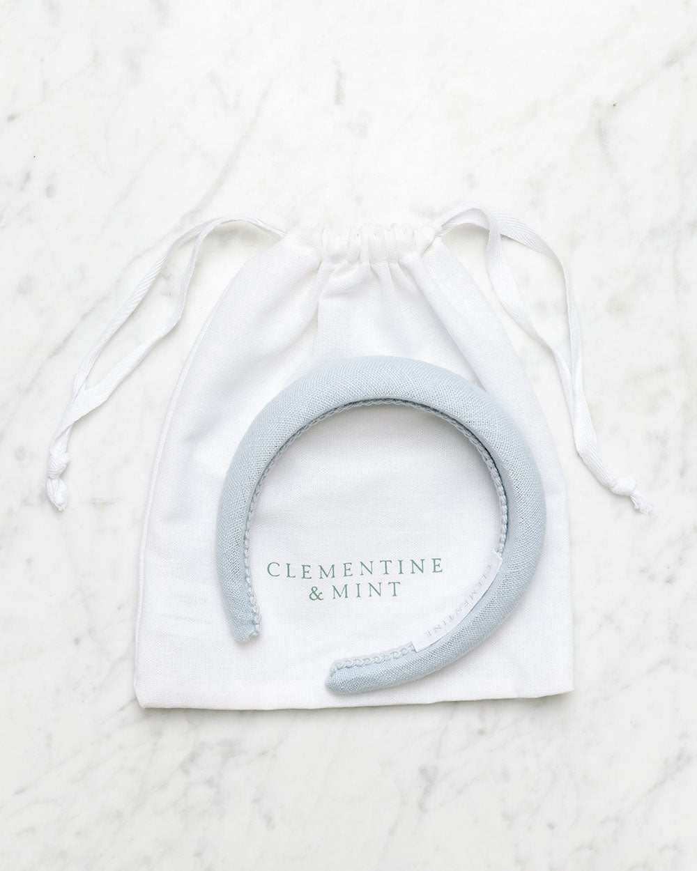 Light blue linen headband, hair accessory, Bridesmaid hair accessory . Clementine and mint linen drawstring bag. 