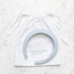 Light blue linen headband, hair accessory, Bridesmaid hair accessory . Clementine and mint linen drawstring bag. 
