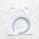 Light blue linen headband, hair accessory, Bridesmaid hair accessory . Clementine and mint linen drawstring bag. 