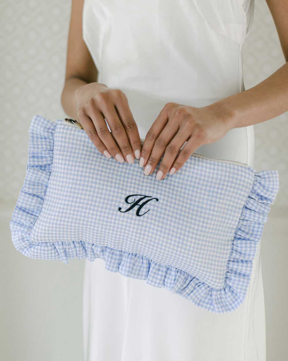 The Blue Gingham Ruffled Pouch